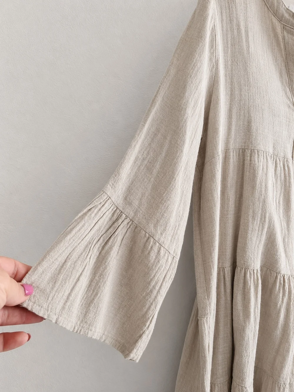 Made in Italy Linen Cotton Blend Tiered Mini Dress Tunic Large NWT Neutral Beige - Picture 3 of 12